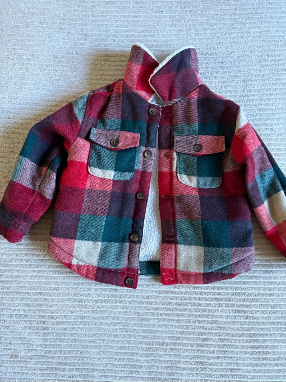 Old Navy Plaid Sherpa-Lined Jacket in Red, Green & Cream